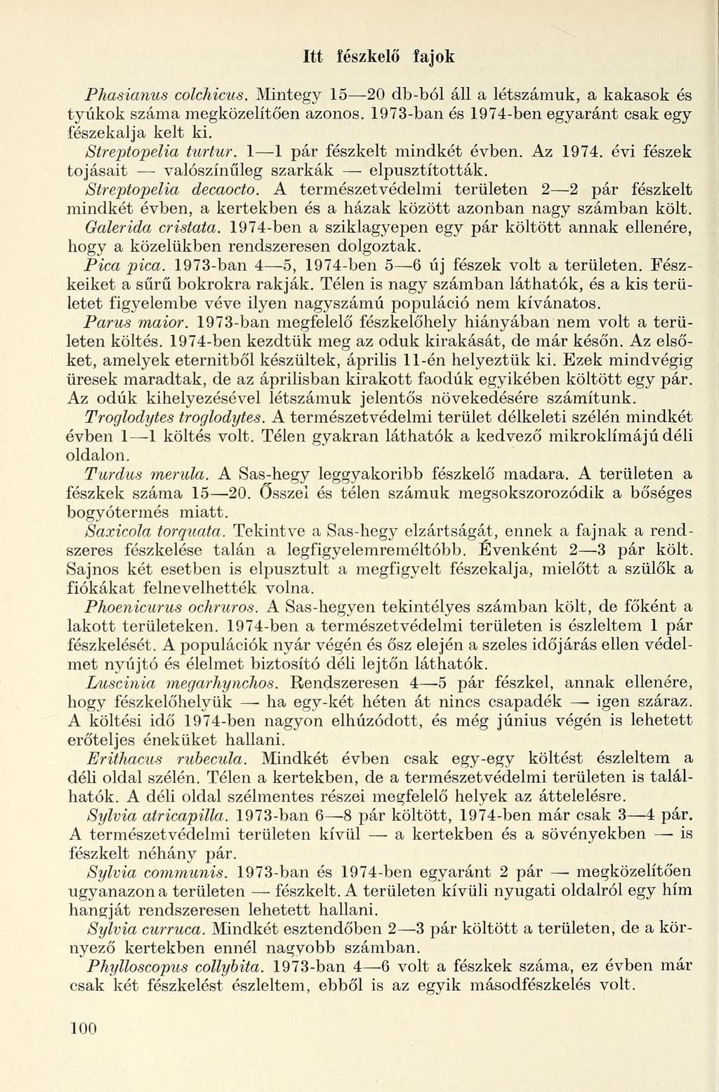 Itt fészkelő fajok Phasianus colchicus. Mintegy 15 20 db-ból áll a létszámuk, a kakasok és tyúkok száma megközelítően azonos. 1973-ban és 1974-ben egyaránt csak egy fészekalja kelt ki.