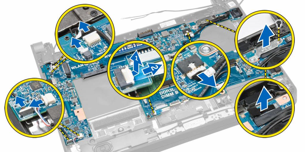 3. Csatlakoztassa le az alaplapról az alábbi kábeleket: a. érintőpanel b.
