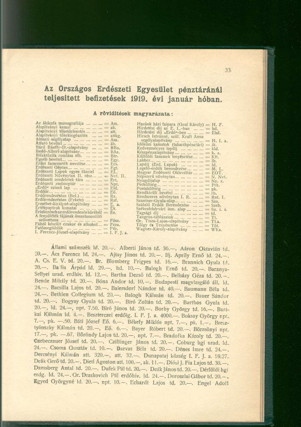 Az Országos Erdészeti Egyesület pénztáránál teljesített befizetések 1919. évi január hóban. A rövidítések magyarázata: Az ákáczfa monográfiája = Ara. Alapítványi kamat == ak.