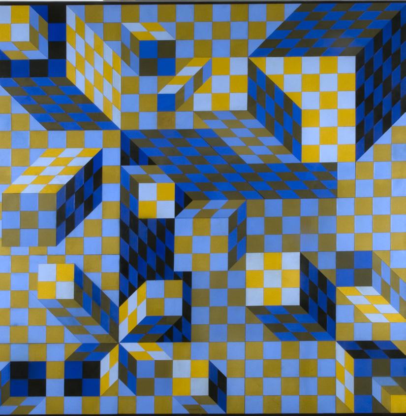 A két dimenzió hárommá válik középpontban a formák Hogyan rendezi el Vasarely a négyszögeket, téglalapokat, paralelogrammákat és rombuszokat a síkfelületen úgy, hogy az a három dimenzió illúzióját