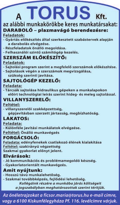 Tel.: 06-70/698-9876 (17 óra után) BETANÍTOTT DOLGOZÓKAT keresünk kiemelt bérezéssel győri, sopronkövesdi, ajkai és mosonmagyaróvári munkahelyünkre.
