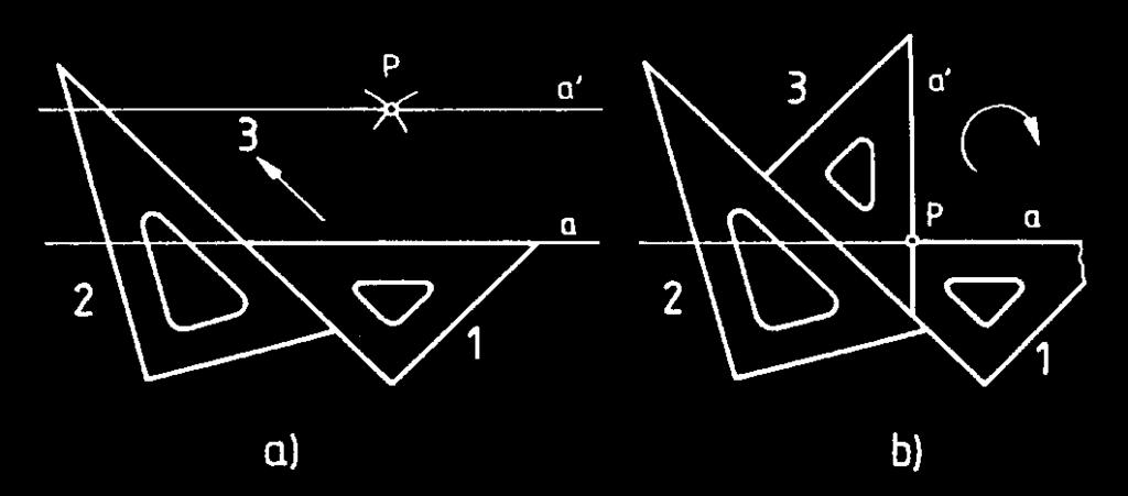 Ma azonban a háromszögvonalzókkal végzett szerkesztéseket is ide soroljuk. 2.1. Körző nélküli szerkesztések Párhuzamos rajzolása Adott a egyenes és P pont (32a ábra) 1.