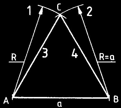 2. Síkmértani szerkesztések 2.3. Egyenes vonalú síkidomok szerkesztése Egyenlő oldalú háromszögek szerkesztése a) Adott: R sugarú kör (44. ábra) 1. A pontból R sugárral ívet rajzolunk 2.