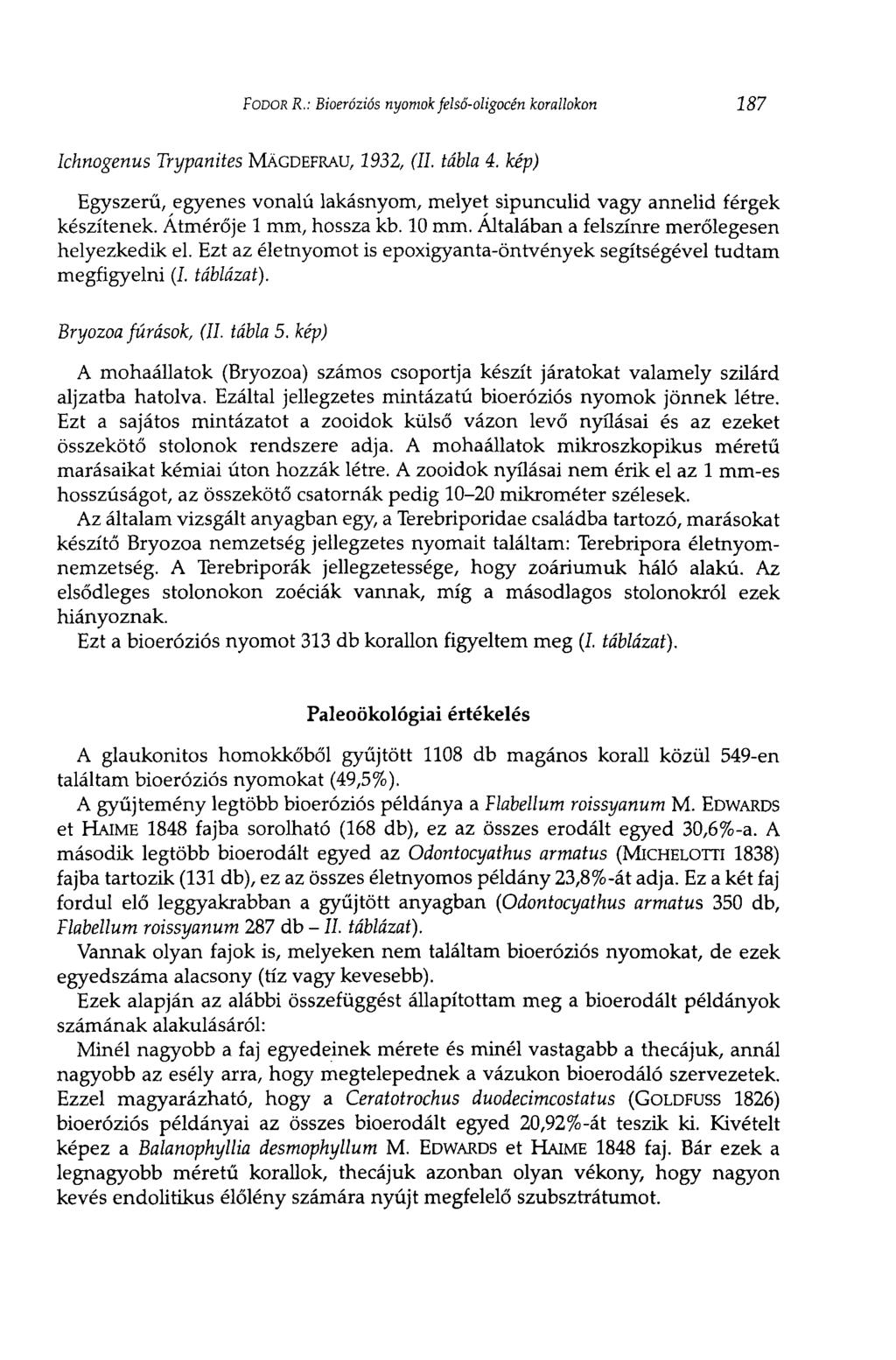 FODOR R.: Bioeróziós nyomok fehő-oligocén korallokon 187 lchnogenus Trypanites MÄGDEFRAU, 2932, (II. tábla 4. kép) Egyszerű, egyenes vonalú lakásnyom, melyet sipunculid vagy annelid férgek készítenek.