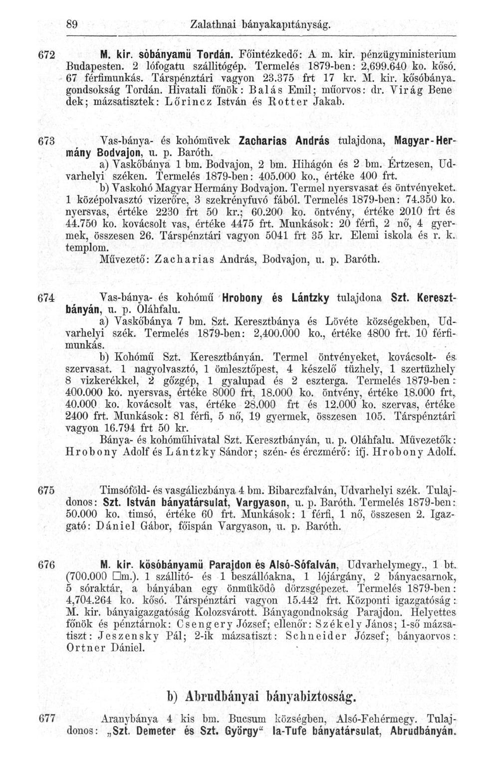 89 Zalathnai bányakapitányság. 672 M. kir. sóbányamü Tordán. Főintézkedő: A m. kir. pénzügyministerium Budapesten. 2 lófogatu szállitógép. Termelés 1879-ben: 2,699.640 ko. kősó. 67 férfimunkás.