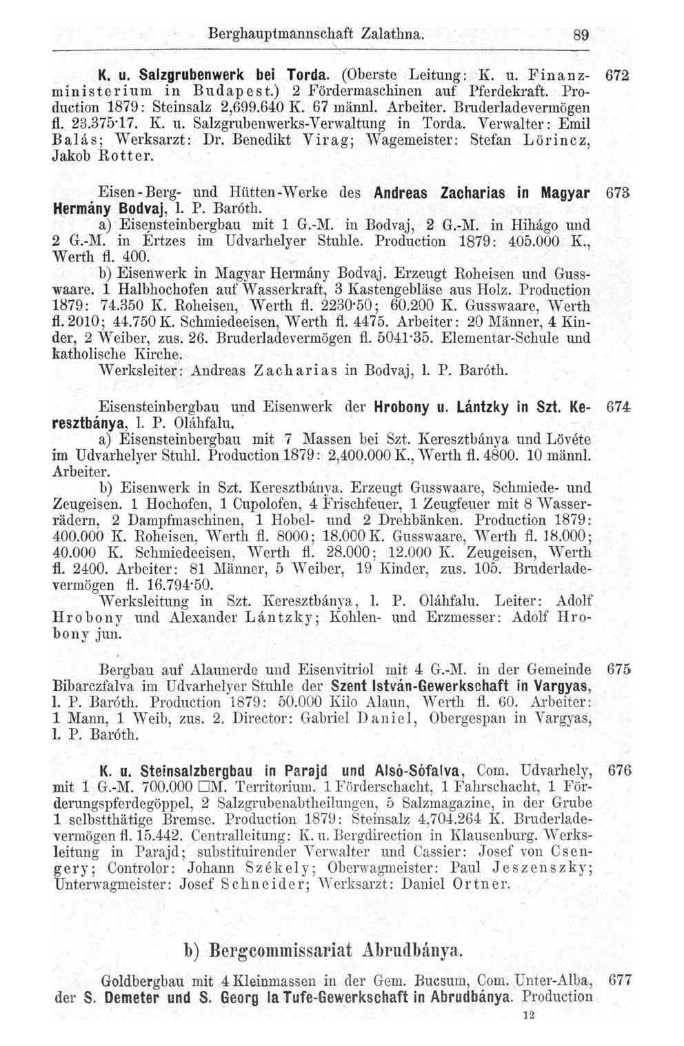 Berghauptmannschaft Zalathna. 89 K. u. Salzgrubenwerk bei Torda. (Oberste Leitung: K. u. Finanz- 672 mini st er iura in Budapest.) 2 Fördermaschinen auf Pferdekraft. Production 1879: Steinsalz 2,699.