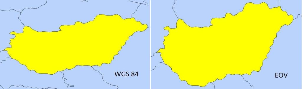6.5. ábra Magyarország képe különböző vetületi rendszerekben A gyakorlatban csak Magyarországot ábrázoló térképek esetén az EOV, az egész világot ábrázoló térképek esetén a WGS 84 szerinti vetületi