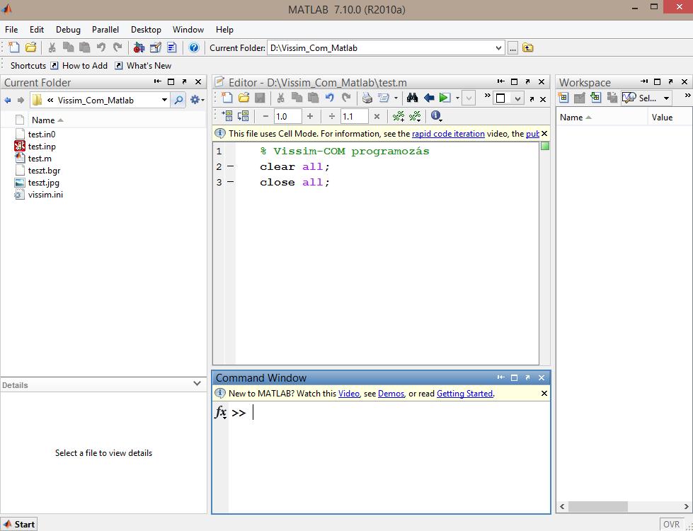 2. lecke: Vissim-COM szerver létrehozása Matlabban Script fájl (.