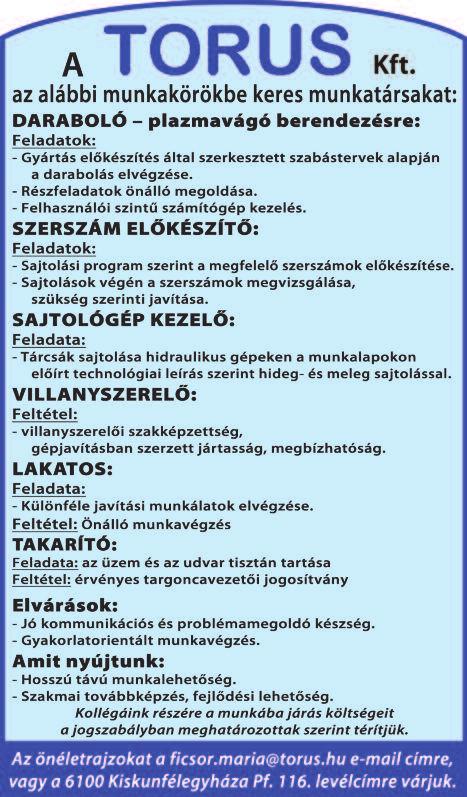 : 06-70/329-7554 Kis létszámú VARRODA kiskunfélegyházi, ügyes kezű VARRÓNŐT keres. Tel.