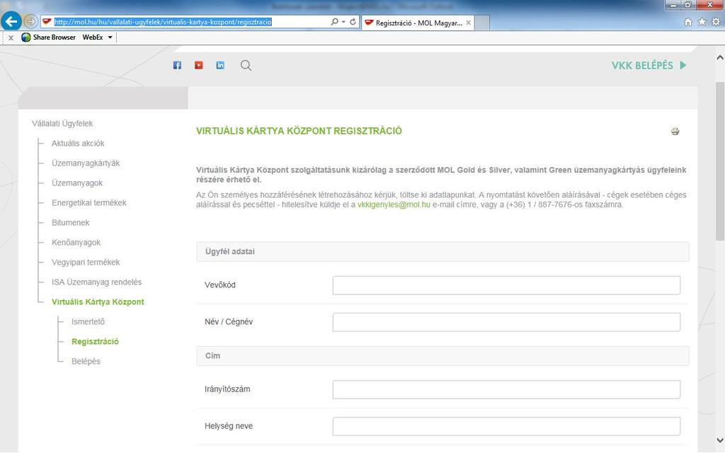 2.1.1 Regisztráció Interneten keresztül A www.mol.