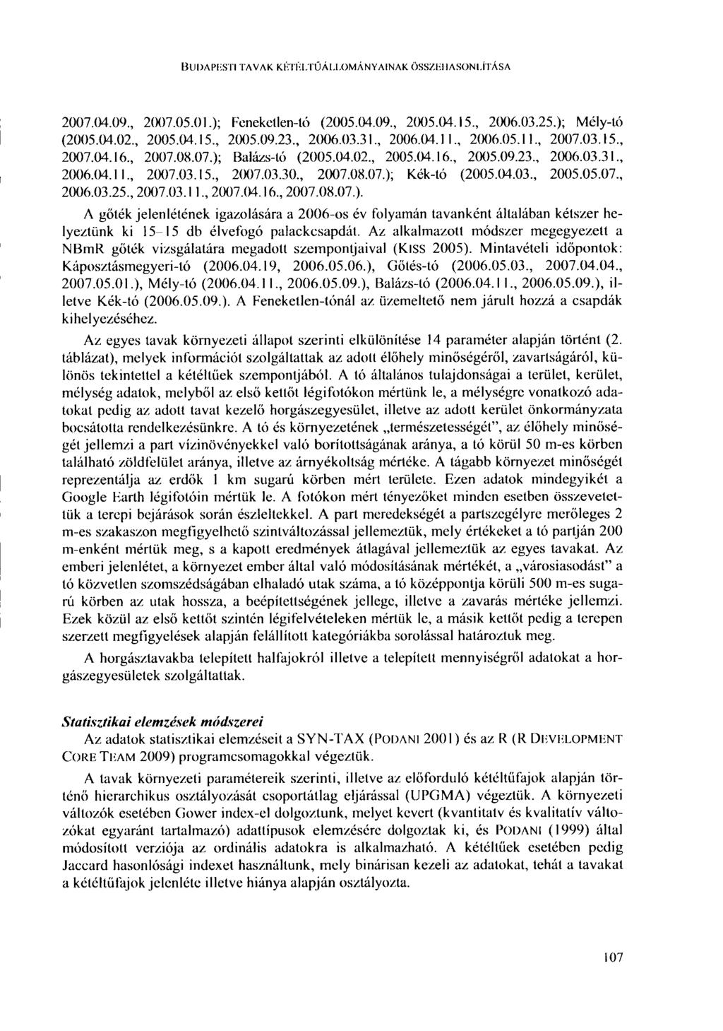 BUDAPESTI TAVAK KÉTÉI.TŰÁLLOMÁNYAINAK ÖSSZEHASONLÍTÁSA 2007.04.09., 2007.05.01.); Fenekellen-ló (2005.04.09., 2005.04.15., 2006.03.25.); Mély-tó (2005.04.02., 2005.04.15., 2005.09.23., 2006.03.31.