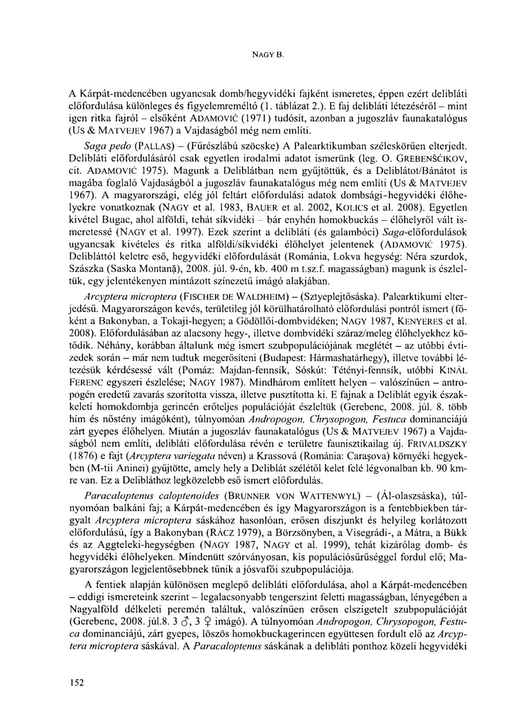 NAGY В. A Kárpát-medencében ugyancsak domb/hegyvidéki fajként ismeretes, éppen ezért delibláti előfordulása különleges és figyelemreméltó (1. táblázat 2.).