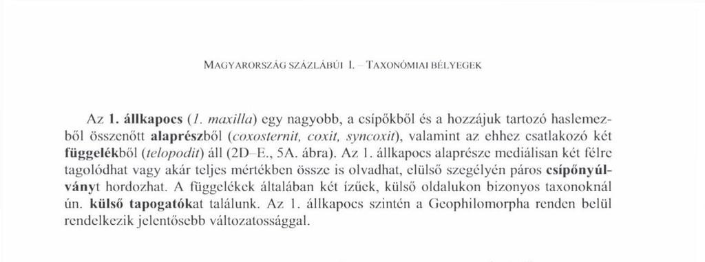MAGYARORSZÁG SZÁZLÁBÚI i. TAXONÓMIAI BÉLYEGEK AZ I. állkapocs (/.