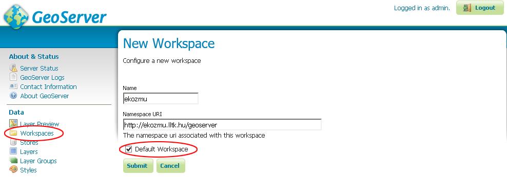 Log to StdOut > kikapcsolni Tile Caching -> Caching Defaults E-közmű adatszolgáltatás kialakítása - technikai segédlet "Provided Services" alatt "Enable direct integration with GeoServer WMS"