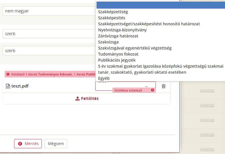 A fájl feltöltésekor technikai ellenőrzést végez a rendszer. Amennyiben a feltöltésre kiválasztott fájl rendben van, feltöltésre kerül, ha azonban hibás, akkor erről figyelmeztető üzenet jelenik meg.