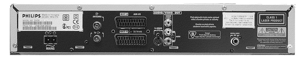 Az egység hátlapja MAINS ANTENNA IN TV OUT EXT2 AUX-I/O Táplálás csatlakozója: a hálózati táplálás csatlakoztatása (230 V/50 Hz). Antennabemenet: az antenna csatlakoztatásához.