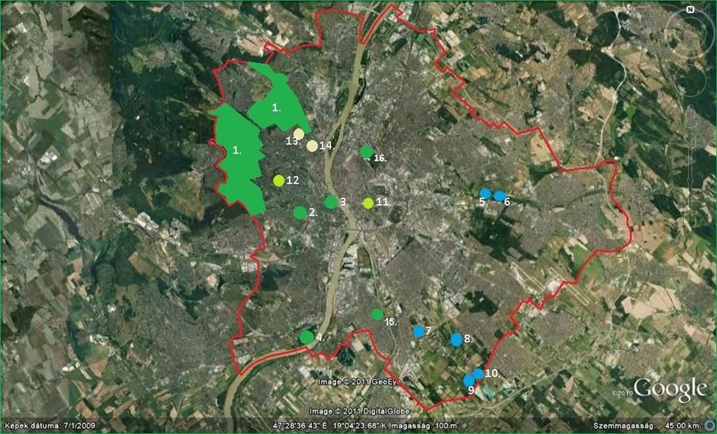 Országos jelentőségű védett területek 2. Összkiterjedésük: kb. 2600 ha 1. Budai-hegység 2. Sas-hegy 3. Gellérthegy 4. Háros-sziget 15. Tamariska-domb 16. FÁNK 5. Túzok utcai-láp 6. XVII.