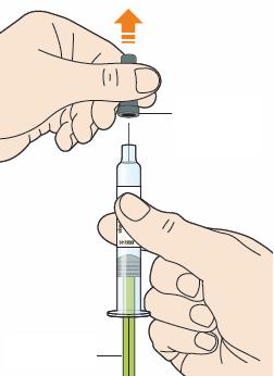 Amíg nem áll készen az injekció beadására addig ne vegye le a kupakot. A fecskendőt a fecskendőtest közepén fogja meg, a tű hegye ne Ön felé nézzen. Ne nyúljon a dugattyúhoz. Légbuborékot láthat.
