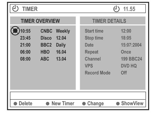 Idõzített felvétel Programozott felvétel módosítása 1 Kapcsolja be a TV-készüléket! Állítsa be a megfelelõ videobemeneti csatornát a TVkészüléken! 2 Nyomja le a TIMER gombot a távvezérlõn!