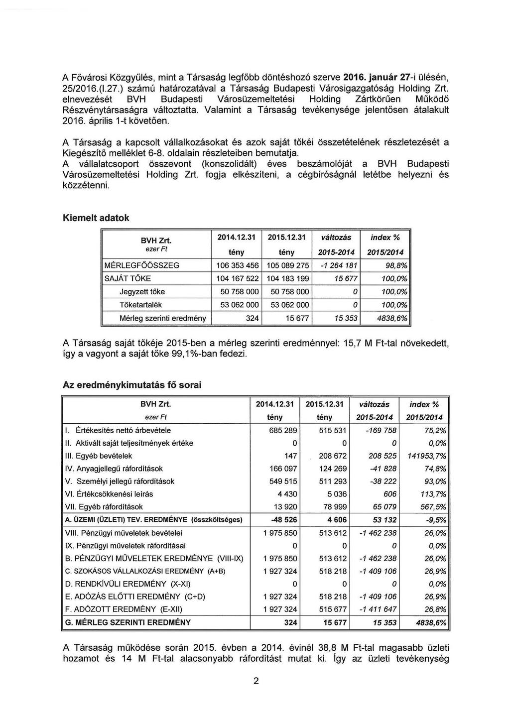 A Fővárosi Közgyűlés, mint a Társaság legfőbb döntéshozó szerve 2016. január 27-i ülésén, 25/2016.(1.27.) számú határozatával a Társaság Budapesti Városigazgatóság Holding Zrt.