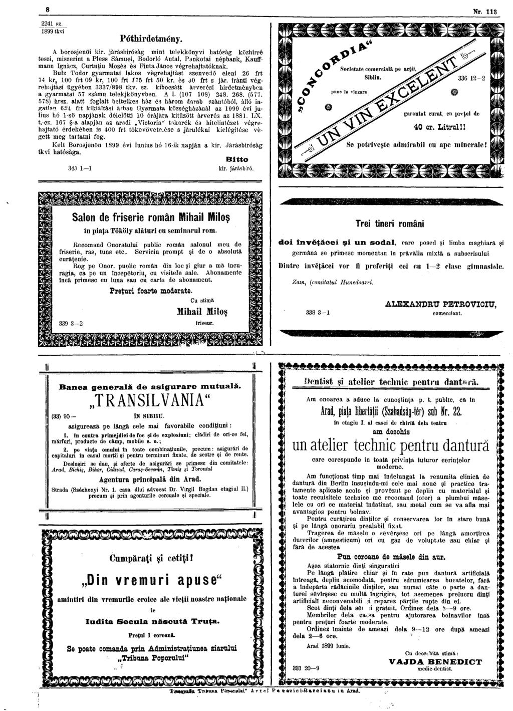 8 Nr. 113 2241 gz. 1899 tkvi Póthirdetmény. A borosjenöi kir.