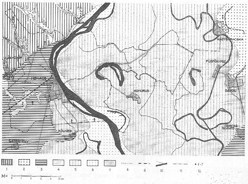 vasút; 11 folyó- és állóvíz; 12 Mohács város közigazgatási határa 4. 3. 4. ábra: Mohács és környékének genetikus talajtérképe (ERDŐSI F. LEHMANN A.