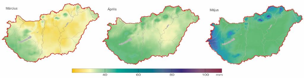 Tavaszi hónapok csapadékösszegei Évi összeg 23%-a (kicsit szárazabb) Havi