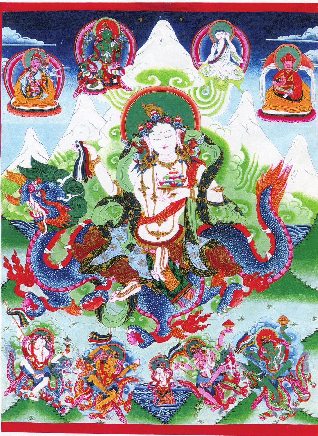 GELLE ZSÓKA 1. kép: A Drukpa Kagyü vonal által használt Ama Jangri festmény: fenn balról jobbra: Guru Rinpócse, Zöld Tárá, Milarepa, Drukpa Rinpócse.
