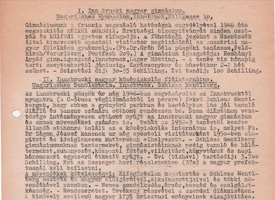 6. Leírás az innsbrucki magyar oktatási intézményekről (Müncheni Magyar Katolikus Misszió
