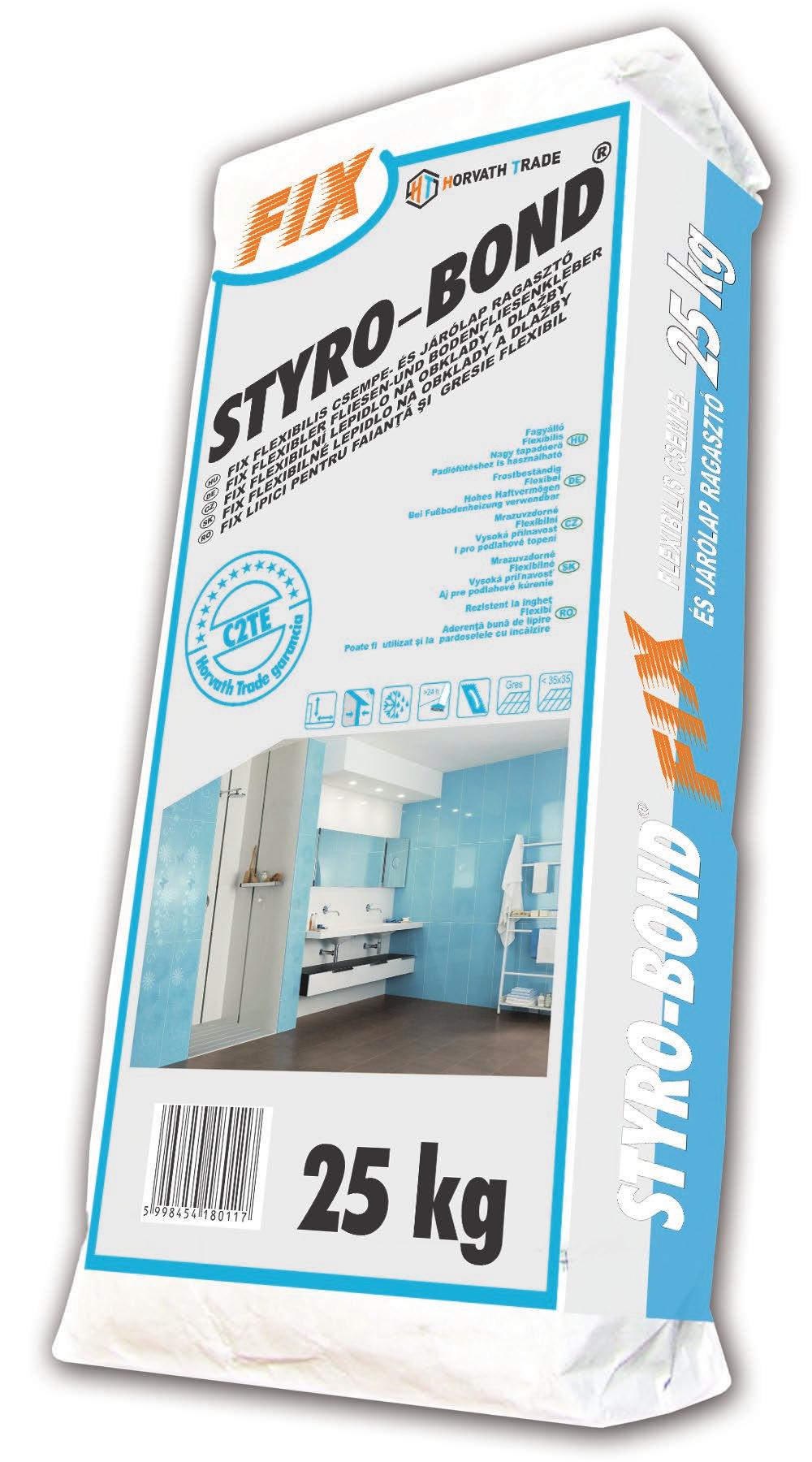 STYRO-BOND FIX (C2TE) FLEXIBILIS CSEMPE- ÉS JÁRÓLAP RAGASZTÓ >24 h Gres < 35x35 Kiadósság 1,6-3 kg/m 2 /mm Bedolgozhatósági idő kb. 2 óra Pihentetési idő Kb. 5 perc Max.