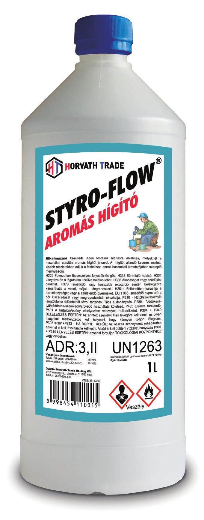 ÉPÍTSEN A JÖVÔRE! STYRO-FLOW AROMÁS HÍGÍTÓ Összetétel Aromás szénhidrogének, észterek és acetátok keveréke. Azon festékek hígítására alkalmas, melyeknél a használati utasítás aromás hígítót javasol.