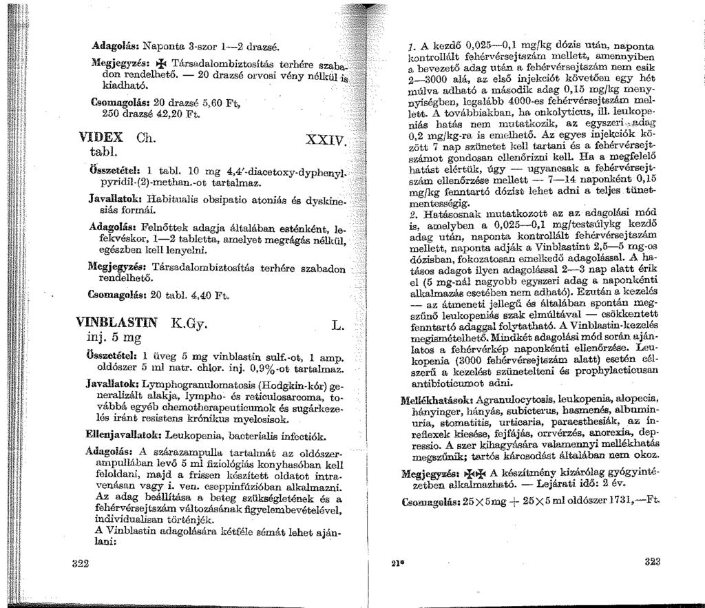 Adagolás: Naponta 3-szor 1-2 clj.'azsé. 1\fegjegyzés: + Társadalombiztosítás terhére don rendelhető. - 20 drazsé orvosi vény kiadható. Csomagolás: 20 drazsé 5, 60 Ft, 250 drazsé 42,20 Ft. VIDEX Ch.
