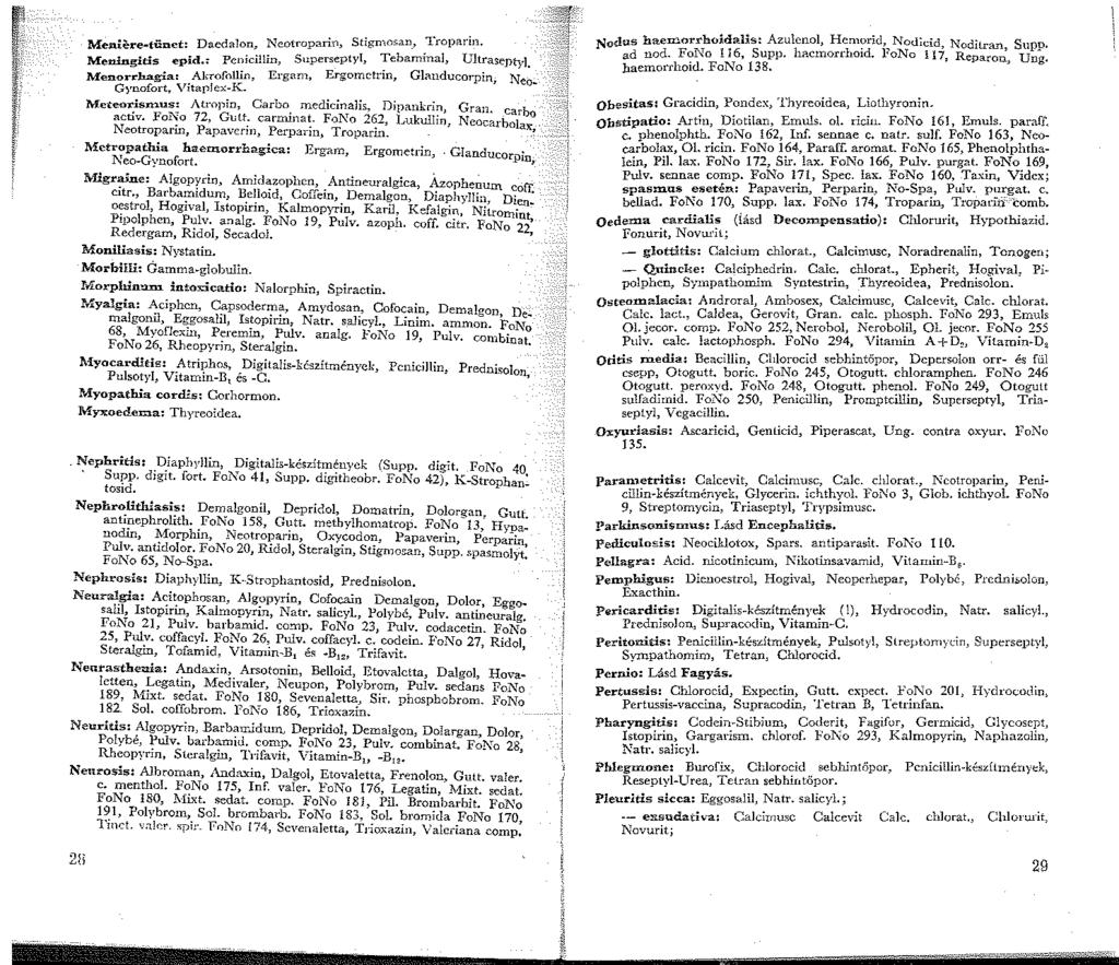 Meniere-tünct: Daedalon, Neotroparin, Stigmnsan_, Troparin. Meningitis epid., Penicillin, Saperseptyl, Tebaminal, Ultrasepty]. Menorrhagia: Akrofollin, Ergam, Ergomctrin, Gl;mducorpin, Neo.
