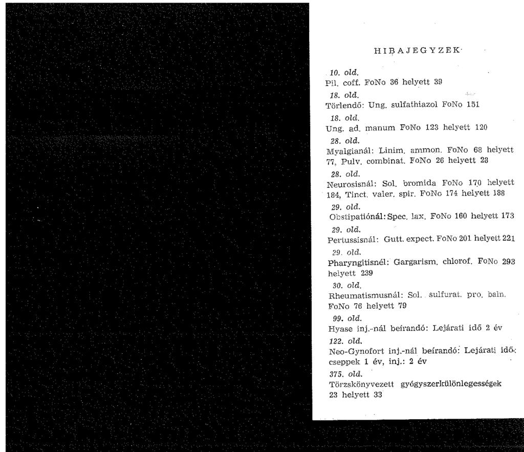 HIBAJEGYZEK- 0. old. Pil. coff. FoN o 36 helyett 39 8. old. Törlendő: Ung. sulfathiazol FoNo 5 8. old. Ung. ad. inanum FoNo 23 helyett 20 28. old. :Ryalgianál: Linim. anmon. FoNo 68 helyett 77, Pulv.