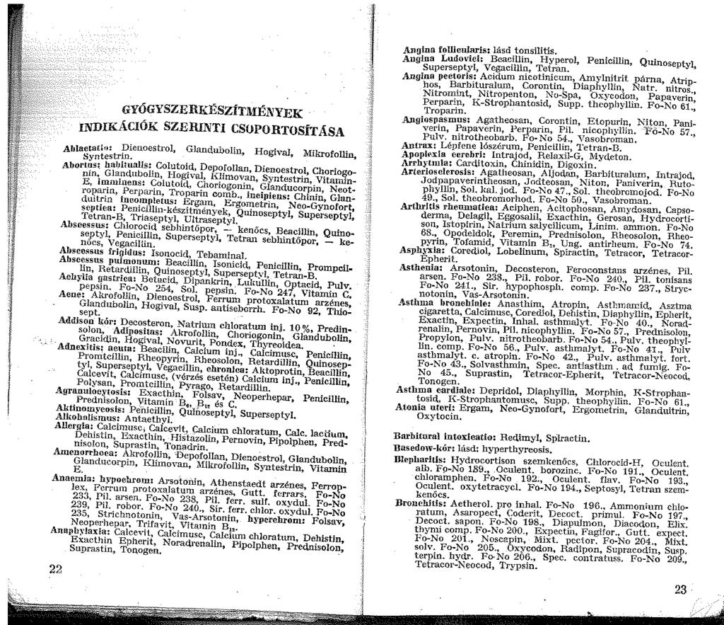 GYÓGYSZERKÉSZÍTJIIÉNYEK INDIKÁCIÓK SZERINTI CSOPORTOSÍTÁSA Ablaetat:,~: pieuoestrol, Glandubolín, Hogival, -fikrofollin, Syntestrn. Aborl';ls:_ babi!uaus:.