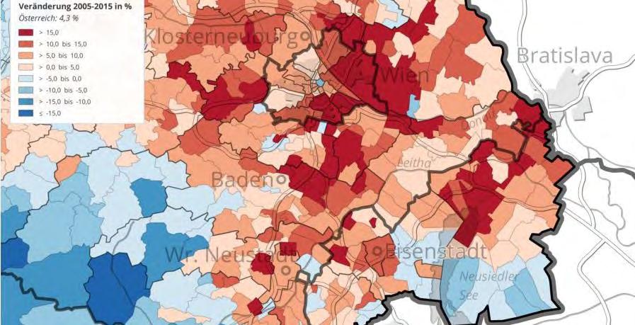 35. ábra: 2005 és 2015 között Wien nagytérség demográfiai változása (ÖROK 2015) 36.