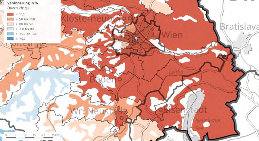 táblázat): Észak-Burgenland (Nordburgenland) NUTS 3 régiójában 2045-ig 15,55 %-os, Bécs déli agglomerációjában (südliches Wiener Umland) 21,18 %-os, és Bécsben akár 26,99 %-os is lehet a