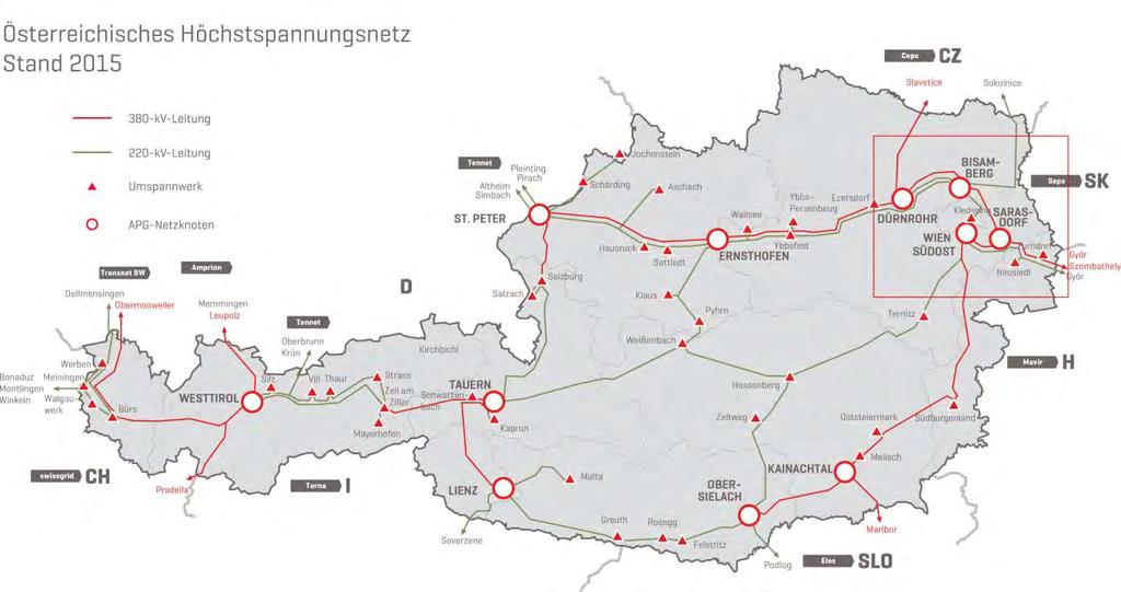 38. ábra: Osztrák nagyfeszültségű hálózat 2015. évi állapot szerint (APG 2015a) Az alábbi projektek vannak a hálózatfejlesztési terv (APG 2015-2025; APG 2015b) alapján tervezés alatt ill.