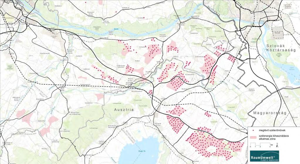 39. ábra: A szűkebb vizsgálati területen lévő szélenergia hasznosítására ill. szélerőművek telepítésére alkalmas zónák valamint szélerőművek (LGBl. Nr. 8001/