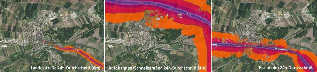 ábra: Schwechat település területén lévő zajforrások jelmagyarázattal (BMLFUW 2012b) Az osztrák A 4-es keleti autópálya (Ost Autobahn) zajkibocsátása Fischamend településen és a település távolabbi