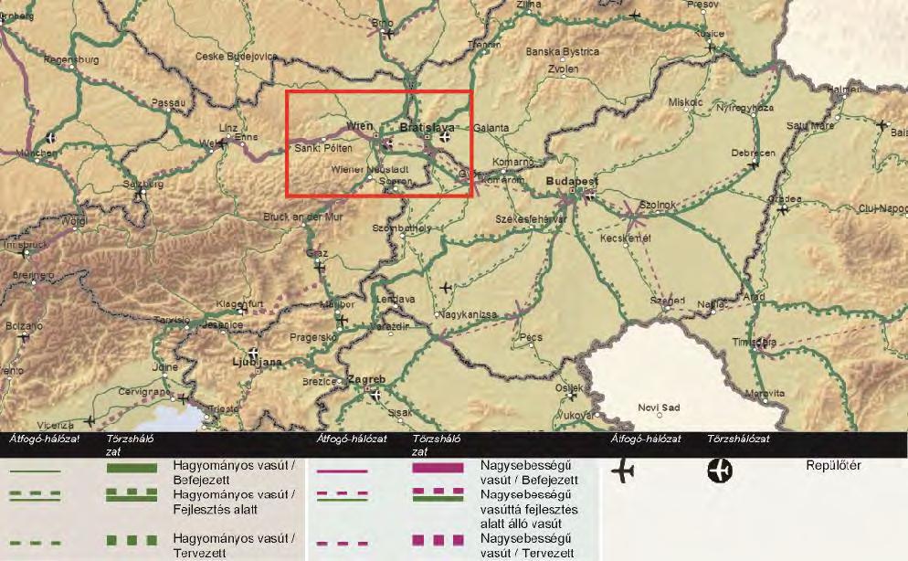 A Bécstől keletre és délkeletre fekvő, határon átnyúló vasúti hálózat része a multimodális transzeurópai közlekedési hálózat törzshálózatának (röviden: TEN-T) 2.