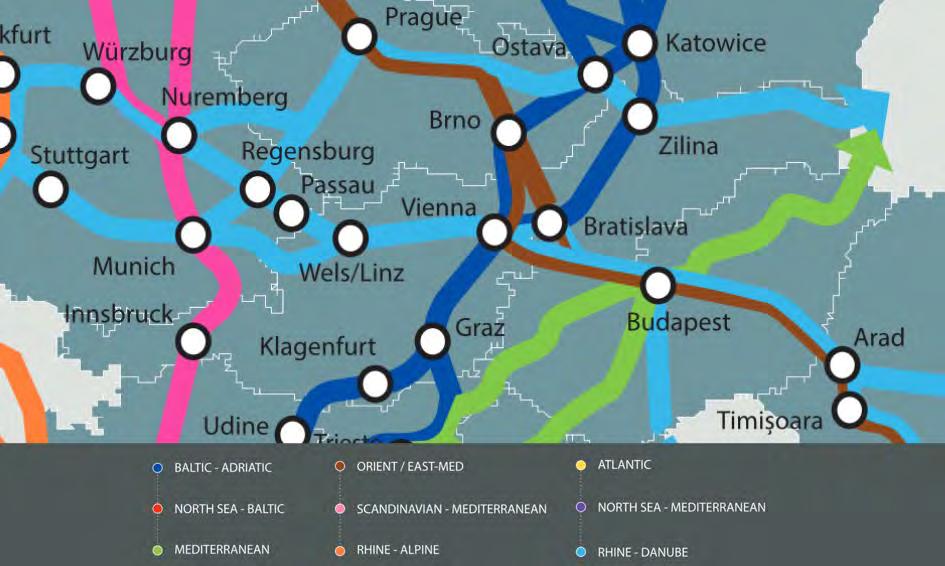 8. ábra: Flughafen Wien (Repülőtér Bécs) összeköttetés 2015 ben (Európai Bizottság 2016a; saját feldolgozás) Három TEN-T törzshálózati folyosó fekszik a funkcionális megfigyelési területen (lásd 8.