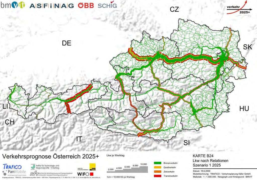 20. ábra: Teherautóforgalma útirányok szerint, 2005. évi állapot (BMVIT 2009, b térkép részlet) 21. ábra: 2025.