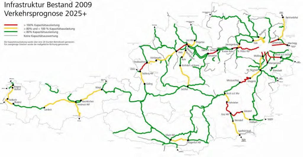 24. ábra: Kapacitás-kihasználtság a vasúti infrastruktúrában (2009. évi állapot) (BMVIT 2009) 25.