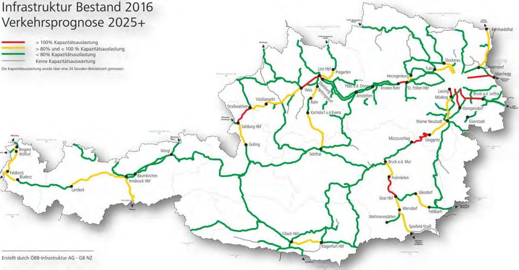 évi állapot) (BMVIT 2016) Wien térségében általában folyamatos 100 % feletti vagy 80 % és 100 % közötti kapacitás-kihasználtság mutatkozik a