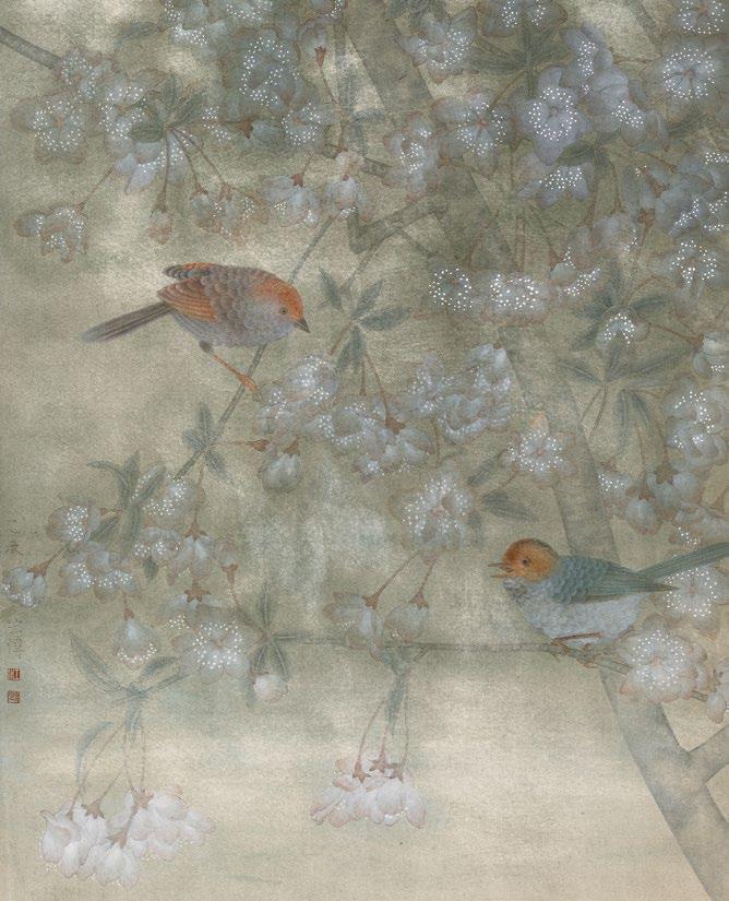 On a blue-green background, a couple of parrots are courting among the blooming roses. In the absence of chiaroscuro effects, space is suggested only by the overlaps of lines crossing.