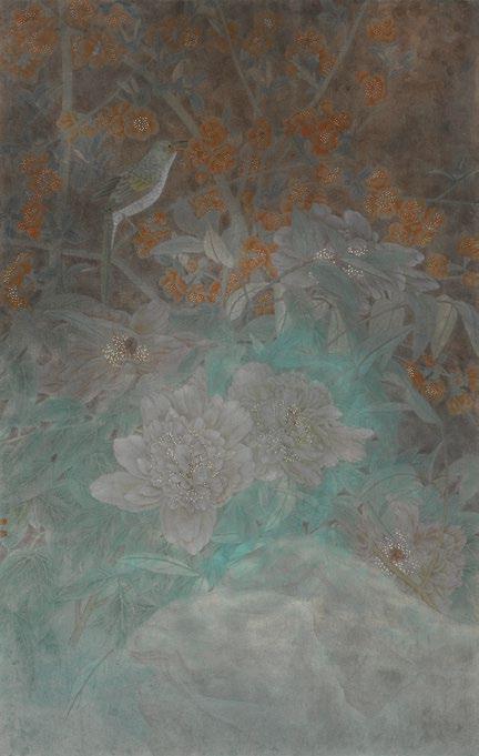 Coming from opposite directions, two birds meet amidst flowers painted in a two-dimensional, wallpaper-like pattern.