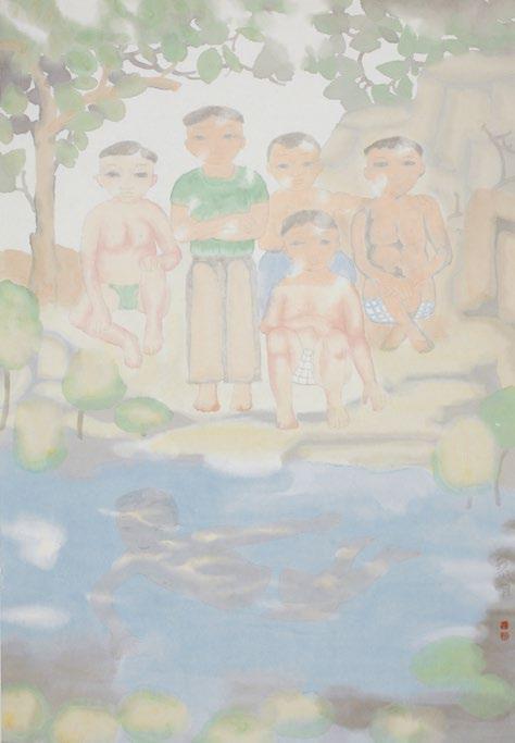 Tian Liming 童年 Gyerekkor Childhood 2010 Papíralapon színes vízfesték Multicolour water colours on paper 69 46 cm A halvány színtónusok és a többségében mozdulatlan alakok