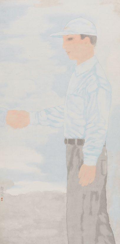 childhood today. Tian Liming 蓝天 Kék ég Blue Sky 1998 Papíralapon színes vízfesték Multicolour water colours on paper 136 70 cm A merev mozdulatú férfi kivel is fog kezet?