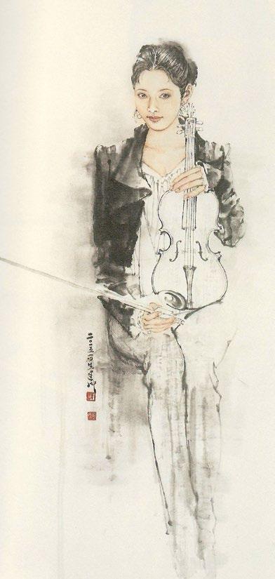 Zhao Jiancheng 小提琴 Hegedű Violin 2015 Papíralapon színes vízfesték Multicolour water colours on paper 138 68 cm A szénrajz vagy krétaszerű tusfestményt a száradás után utólag színezi ki a művész.